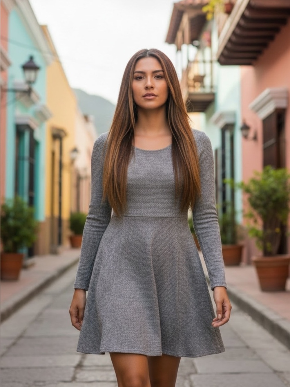 Katherine Barclay gray knit high neck dress 10